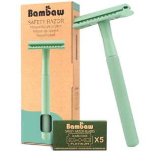 bambaw women safety razor with 5 double edge safety razor blades, metal double edge razor, eco friendly razor, reusable & plastic free – mint green