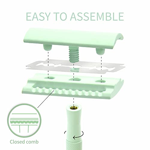 Bambaw Women Safety Razor with 5 Double Edge Safety Razor Blades, Metal Double Edge Razor, Eco Friendly Razor, Reusable & Plastic Free – Mint Green