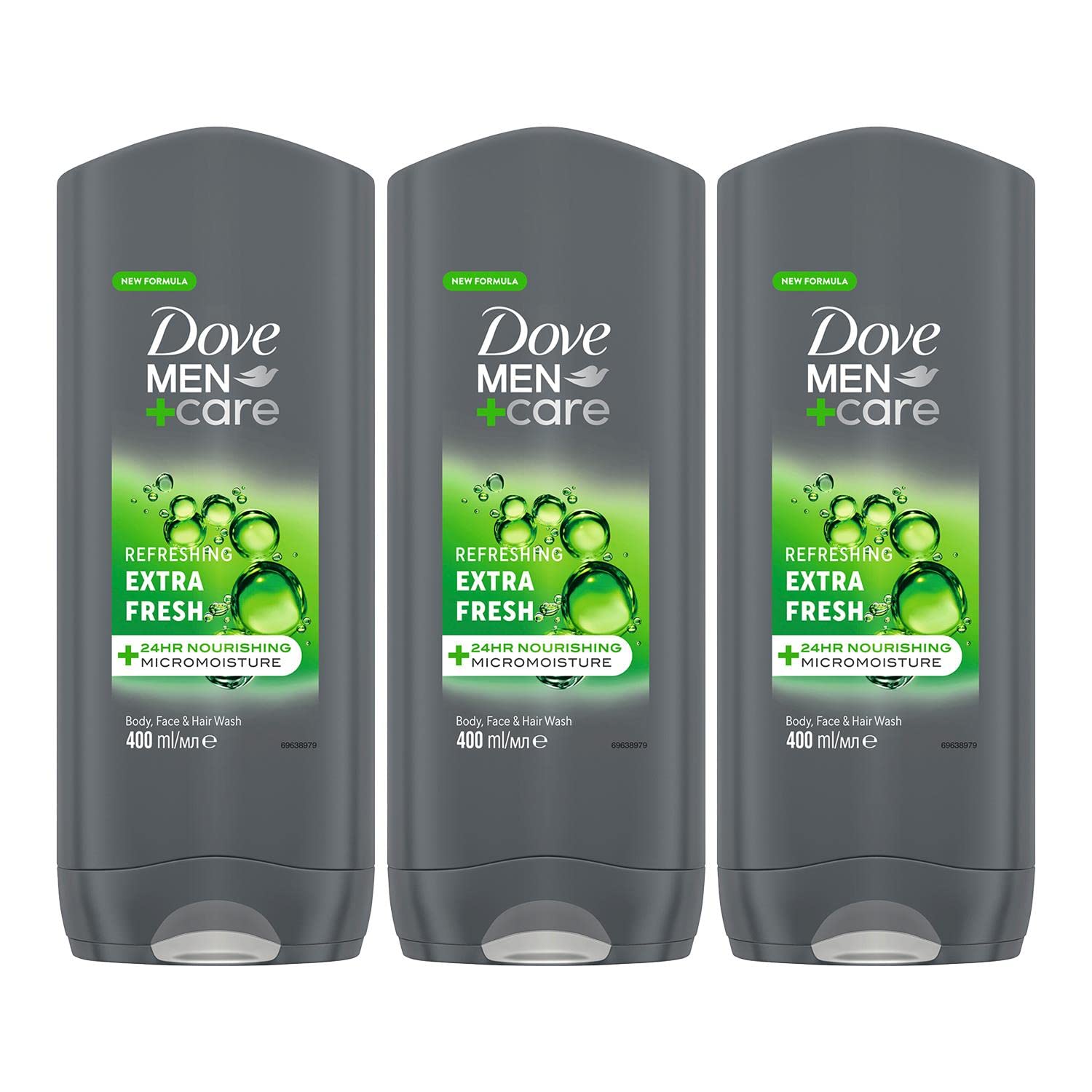 Dove Men+Care Refreshing Extra Fresh 3-In-1 Hair, Body And Face Wash Pack Of 3 With 24-Hour Nourishing Micromoisture Technology Body Wash For Men 400 Ml