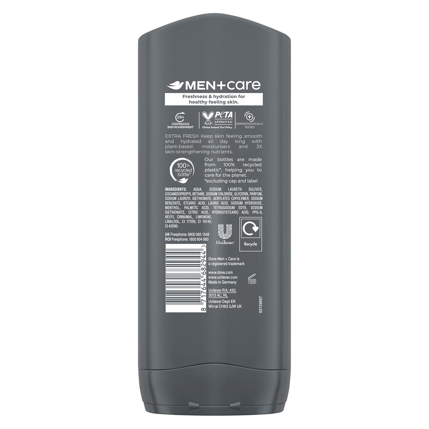 Dove Men+Care Refreshing Extra Fresh 3-In-1 Hair, Body And Face Wash Pack Of 3 With 24-Hour Nourishing Micromoisture Technology Body Wash For Men 400 Ml