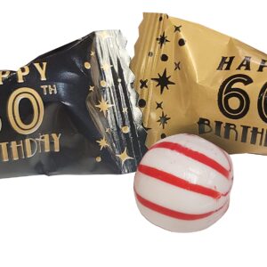 60th Birthday Themed Peppermints Gold & Black 100 Count Wrapped - Mint Candy