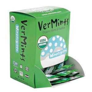 vermints | organic | wintergreen | breath mints | 2 pack individial |100 count |trial size | breath mints | gluten free | nongmo | kosher | vegan | nut free