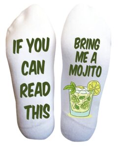 funky fun socks with sayings: handcrafted novelty delights for all ages, versatile sizing for sizes 6-14, exceptional comfort & durability, beverage themed collection- bring me a mojito