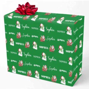 mypupsocks custom text wrapping paper snowman and mint green, personalized name wrap paper funny xma wrapping paper roll 58x23 for boys girls kids men women christmas winter holiday 3 rolls