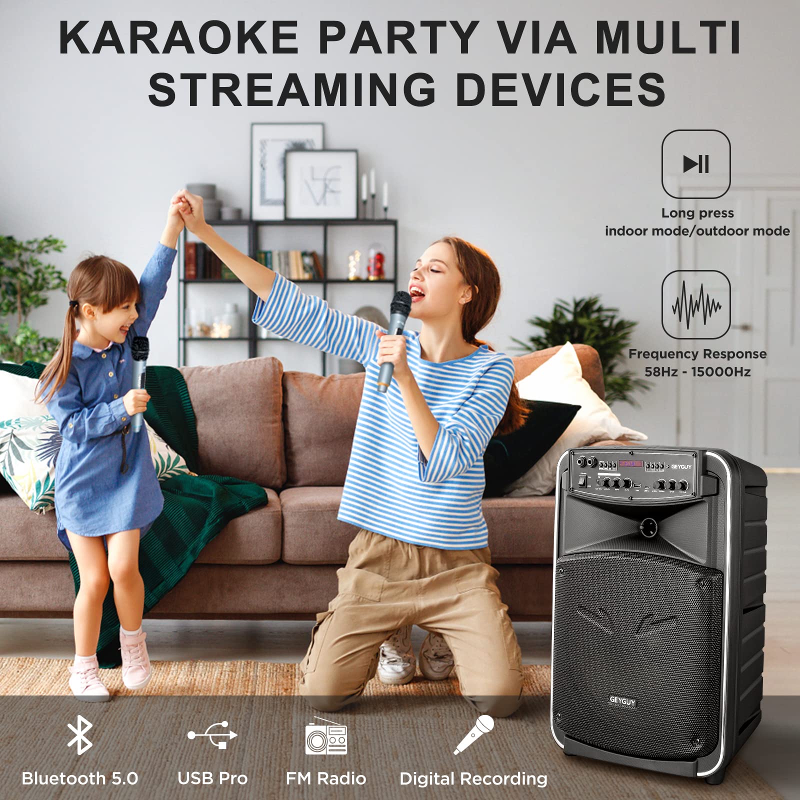 GTSK12-2 Bluetooth DSP PA System with 12" subwoofer, PA Speaker with wireless microphones,Rechargeable Karaoke Machine for adults,support USB/TWS/LINE in/FM