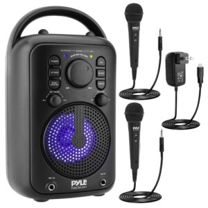 pyle 4” wireless bt streaming speaker - portable audio speaker, with two microphones and stand to put mobile phone, 5.0 bluetooth, big bass & clear sound, mp3, classic karaoke systemp