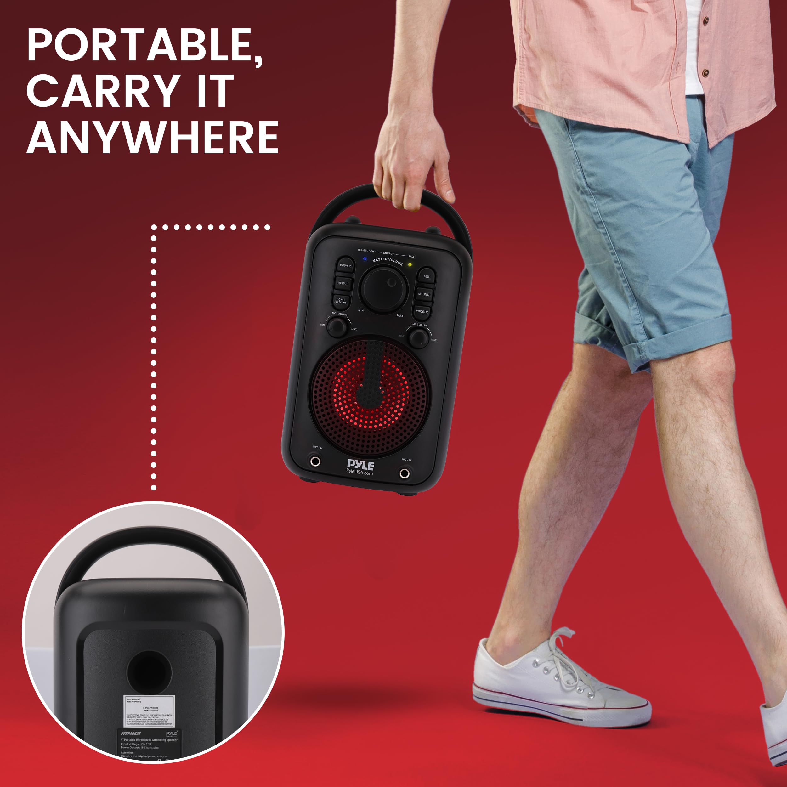 Pyle 4” Wireless BT Streaming Speaker - Portable Audio Speaker, with Two Microphones and Stand to Put Mobile Phone, 5.0 Bluetooth, Big Bass & Clear Sound, MP3, Classic Karaoke SystemP