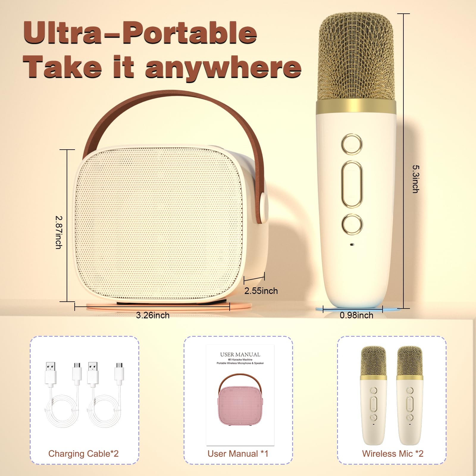 IROO Mini Karaoke Machine with 2 Wireless Microphone,Bluetooth Speaker for Kids and Adults,Gifts for Girls and Boys 4, 5, 6, 7, 8, 9, 10 +Year Old Birthday Party Home (Beige)