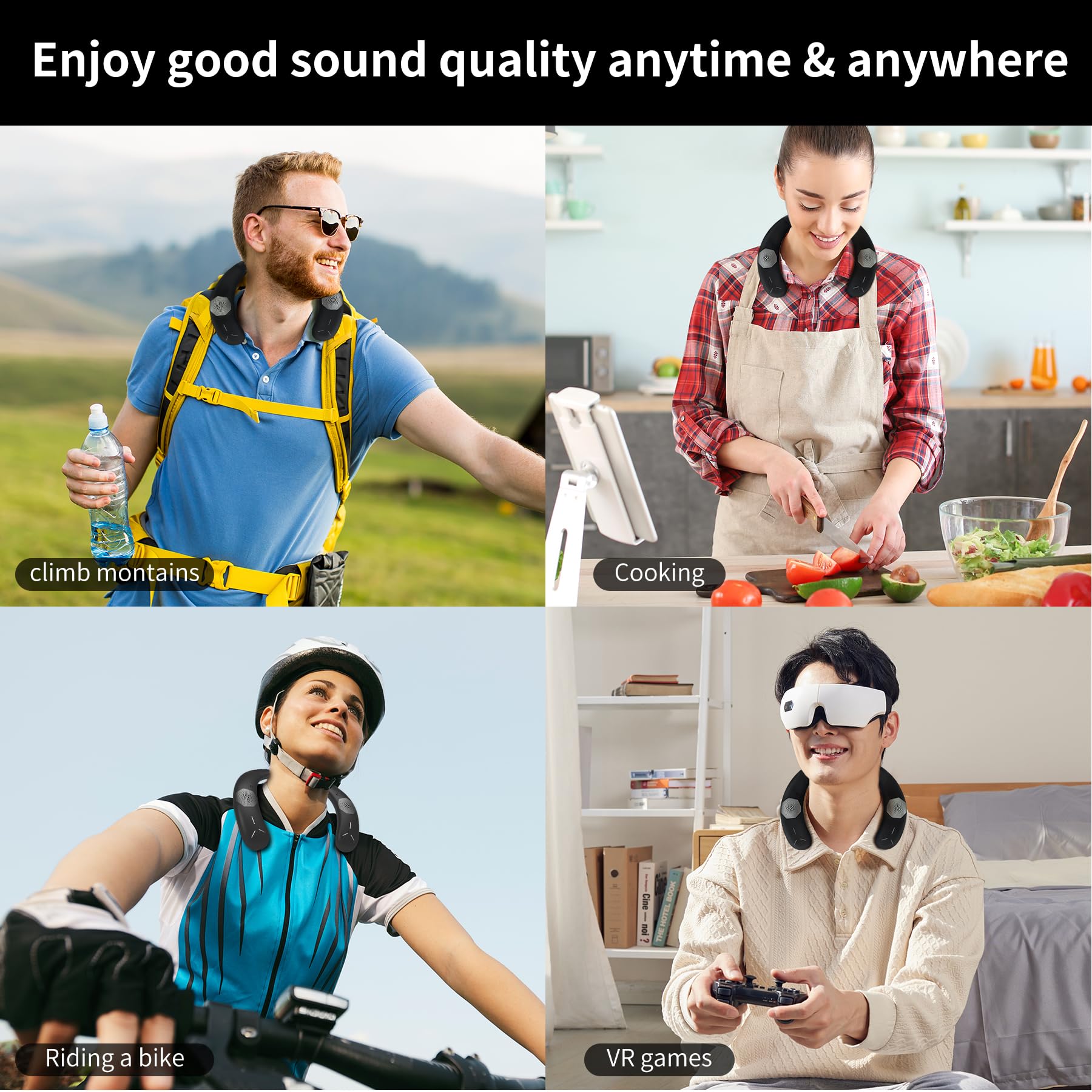 ENUOSUMA Neckband Bluetooth Speaker, Neck Speaker Bluetooth Wireless with True 3D Stero Sound, Wearable Speaker with Dynamic GRB & AUX, Portable Soundwear for Home Sport Outdoor, Black