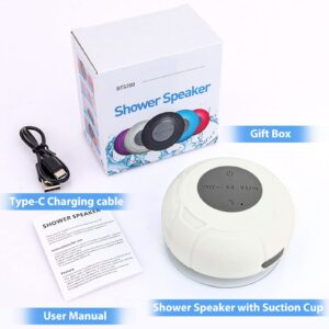 Bluetooth Shower Speaker Waterproof Portable Wireless Water-Resistant Speaker Suction Cup Built-in Mic Gifts for Kids Speakerphone for iPhone Phone Tablet Home Bathroom Kitchen Outdoors - White