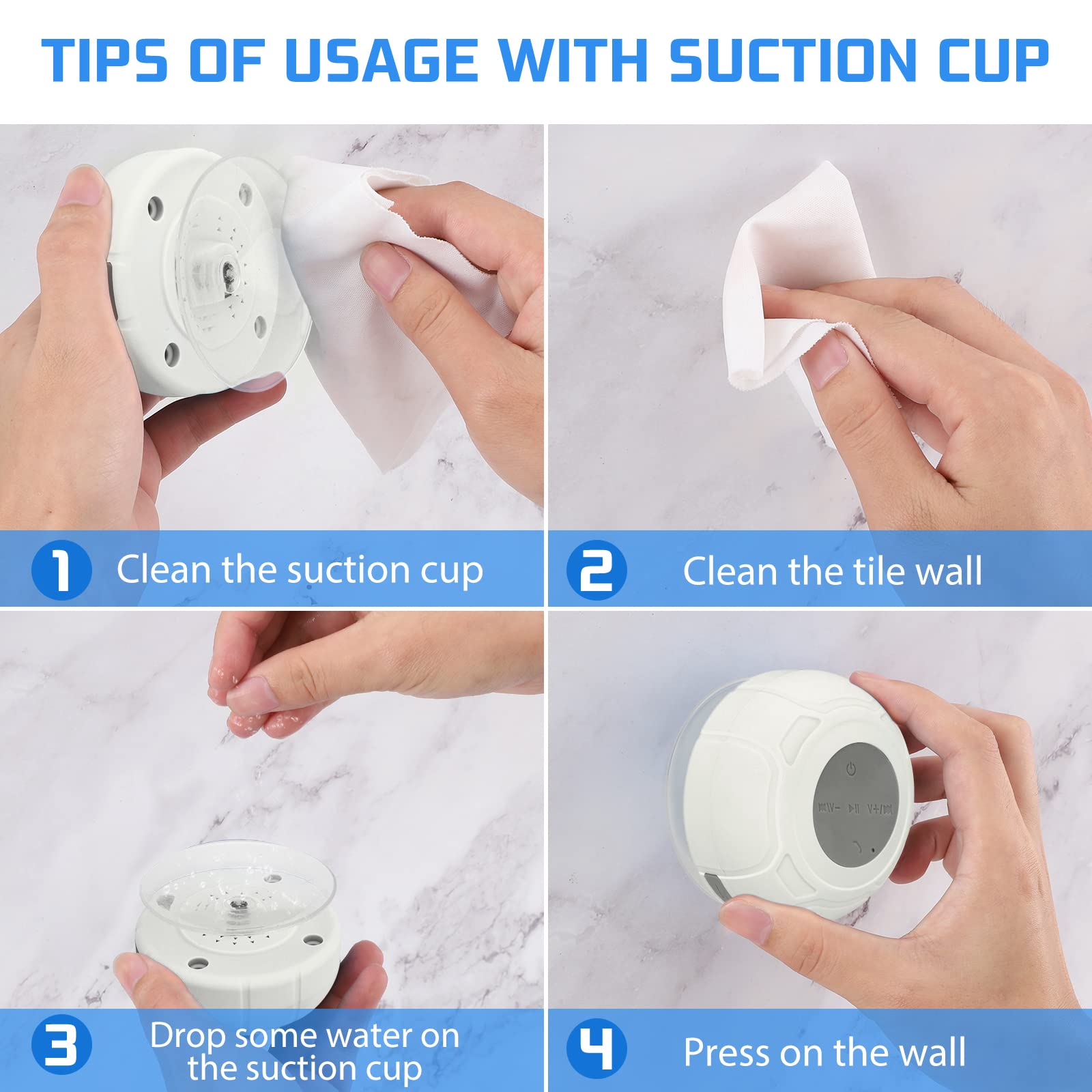 Bluetooth Shower Speaker Waterproof Portable Wireless Water-Resistant Speaker Suction Cup Built-in Mic Gifts for Kids Speakerphone for iPhone Phone Tablet Home Bathroom Kitchen Outdoors - White