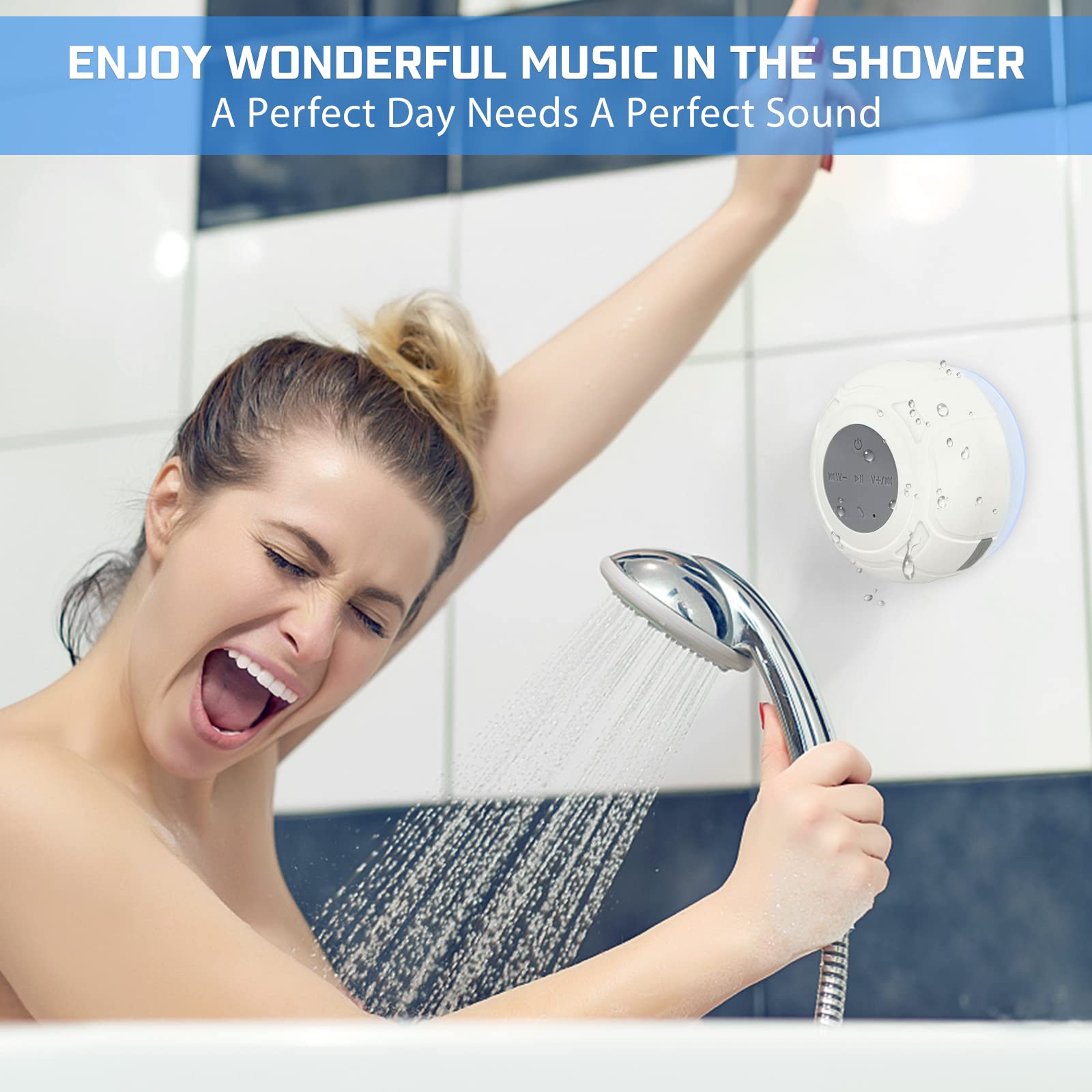 Bluetooth Shower Speaker Waterproof Portable Wireless Water-Resistant Speaker Suction Cup Built-in Mic Gifts for Kids Speakerphone for iPhone Phone Tablet Home Bathroom Kitchen Outdoors - White