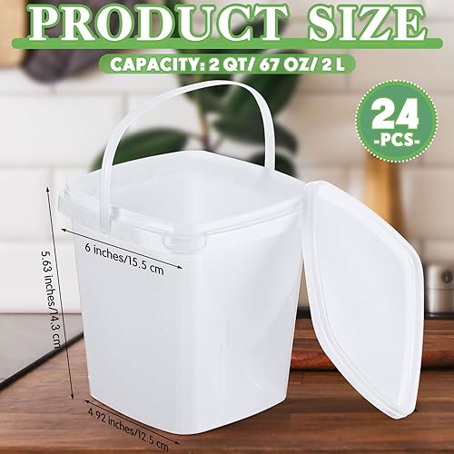 24 Pcs 67 Oz/ 2 Qt/ 2 L Square Deli Containers with Lids Ice Cream Bucket with Handle Airtight Plastic Ice Cream Tub Containers with Lids Reusable Pail for Food Drinks Storage Freezer Microwave