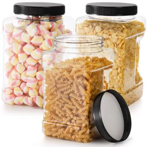 lawei 3 pack square clear plastic jars, 98 oz wide mouth storage containers with screw-on lids, refillable bpa free empty pet jars for dry goods peanut cookies candy, easy grip airtight storage jar