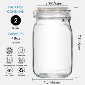 YEBODA 48oz Food Storage Canister Glass Jars with Clamp Airtight Lids and Silicone Gaskets for Multi-Purpose Kitchen Containers - Clear Square (2 Pack)