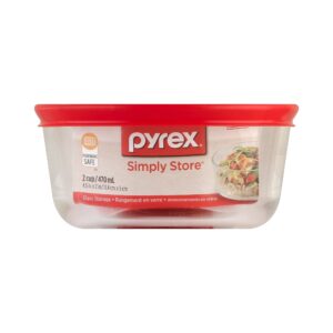 Pyrex Simply Store 2-Cup Single Glass Food Storage Container with Lid, Non-Pourous Round Meal Prep Container, BPA-Free , Dishwasher, Microwave, Oven and Freezer Safe,Red