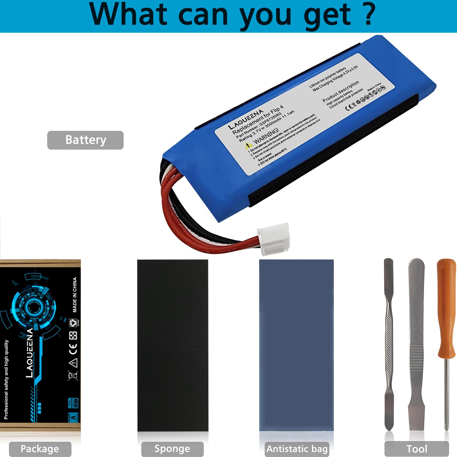 LAQUEENA GSP872658G 4000mAh Battery Compatible with JBL Flip 4, Flip 4 Special Edition Waterproof Bluetooth Speaker with Tools Battery Part NO Flip4 GSP872693 01 3.7V