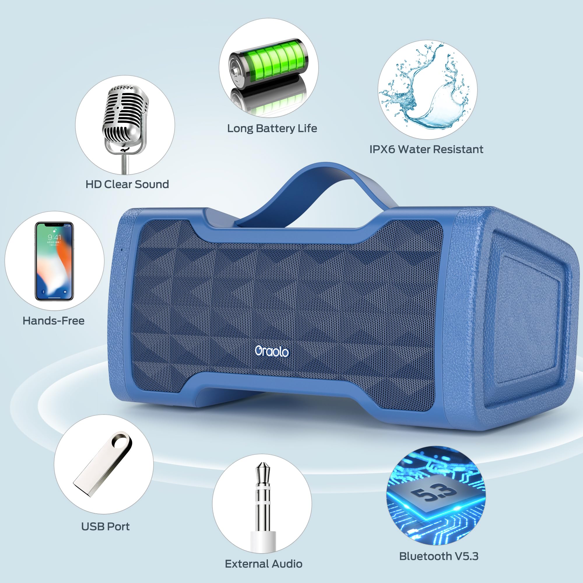 Oraolo Loud Bluetooth Speakers 40W Portable Bluetooth Speaker Large Stereo Sound, IPX6 Waterproof, Support USB/AUX Input, Built-in Mic for Home Party Outdoor (Blue)