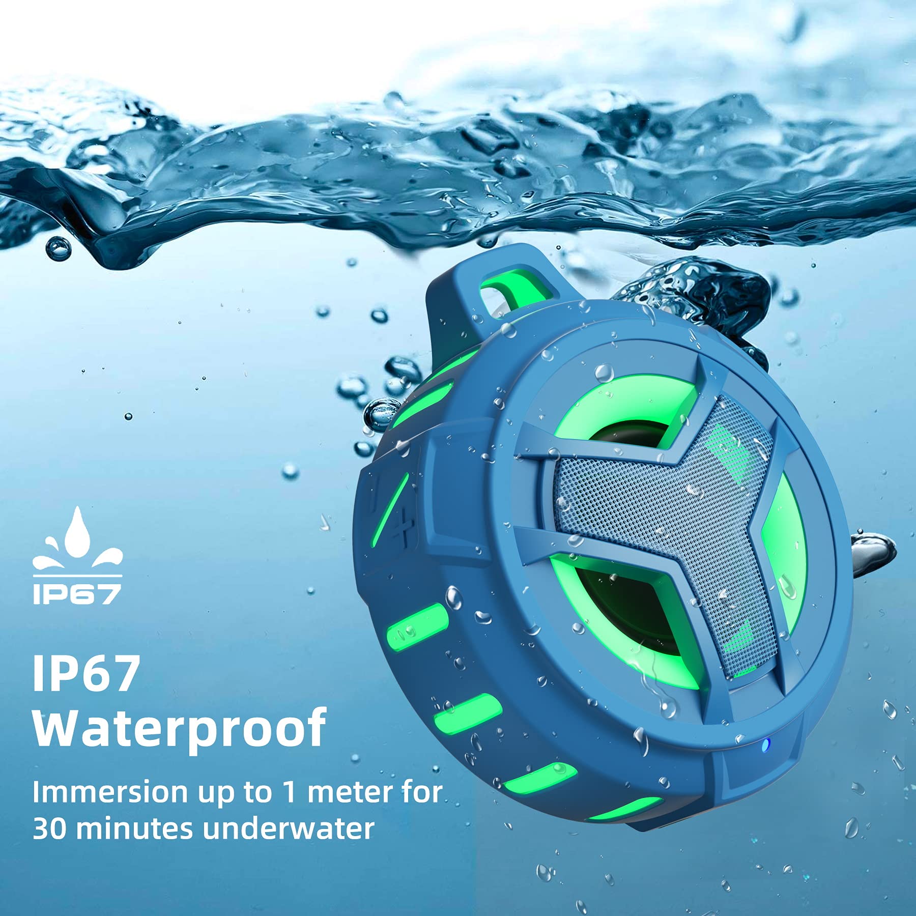 EBODA Shower Bluetooth Waterproof Speaker, IPX7 Floating Portable Wireless Small Speakers with Light, 24H Playtime for Beach, Pool, Kayak Accessories, Gifts for Men and women -Coral Blue