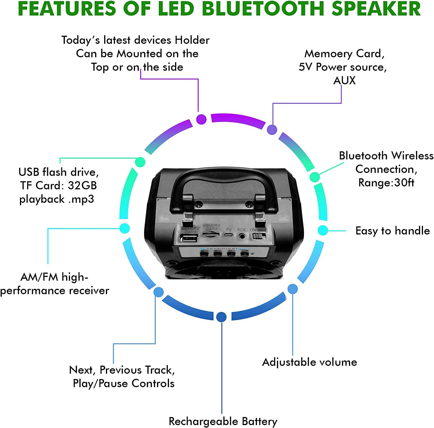 Technical Pro (QTY 3) Rechargeable LED Bluetooth Speaker with USB, SD card, FM Radio, Perfect Travel Comfortable Portable Speaker with Carry handle, 2 Dual 4" (10.2cm) Subwoofers