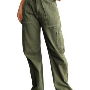 Dokotoo Cargo Pants Women High Waisted Baggy Wide Leg Dress Pants Women Womens TrousersPants Straight Leg Jeans for Women Trendy Baggy Y2K Trousers with Pockets Green