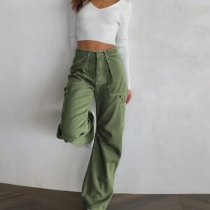 Dokotoo Cargo Pants Women High Waisted Baggy Wide Leg Dress Pants Women Womens TrousersPants Straight Leg Jeans for Women Trendy Baggy Y2K Trousers with Pockets Green