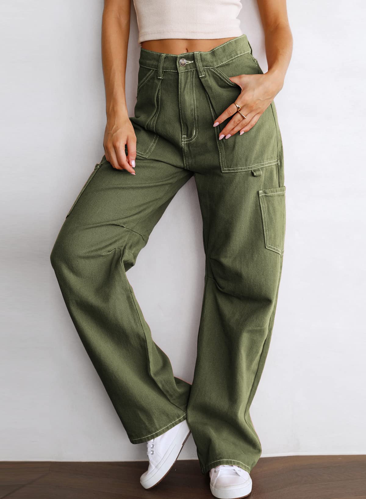 Dokotoo Cargo Pants Women High Waisted Baggy Wide Leg Dress Pants Women Womens TrousersPants Straight Leg Jeans for Women Trendy Baggy Y2K Trousers with Pockets Green