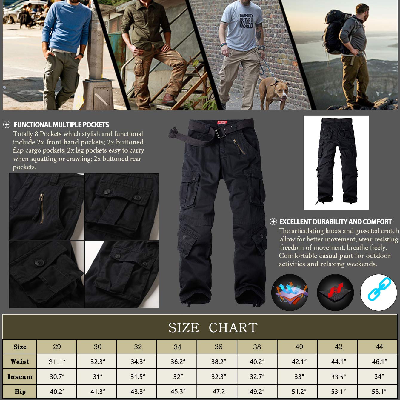 AKARMY Men's Casual Cargo Pants Military Army Camo Pants Combat Work Pants with 8 Pockets(No Belt) Black 32