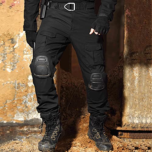 HAN·WILD Combat Pants Tactical Pant with Knee Pads Multicam Rip-Stop Trousers Airsoft Hunting Pants (BLACK, L)