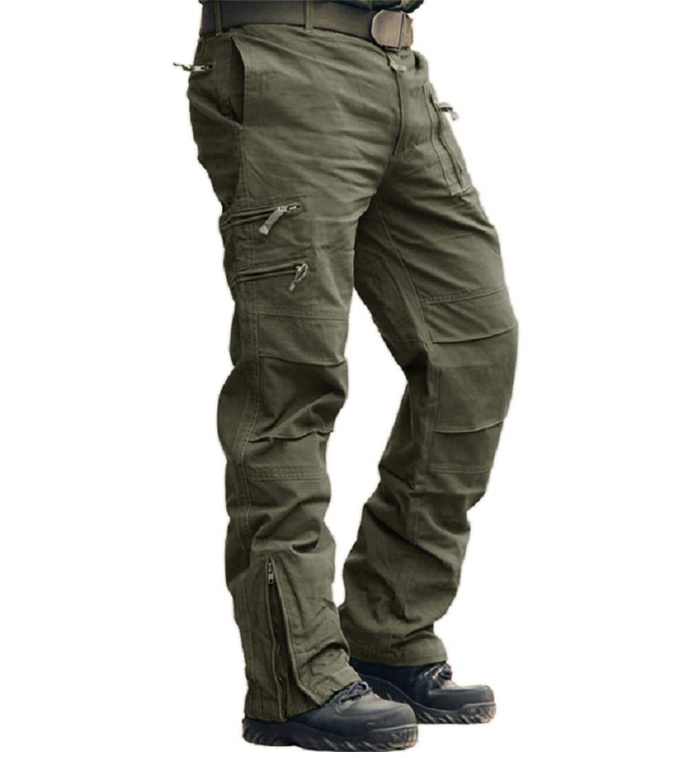 CRYSULLY Men's Casual Trousers Cotton Wild Cargo Pant Combat Wear Work Pants with Zipper Assault Pants Army Green