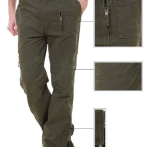 CRYSULLY Men's Casual Trousers Cotton Wild Cargo Pant Combat Wear Work Pants with Zipper Assault Pants Army Green