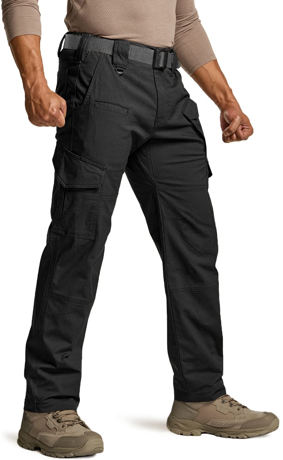 CQR Men's Flex Ripstop Tactical Pants, Water Resistant Stretch Cargo Pants, Lightweight EDC Hiking Work Pants, Dura Flex Mag Pocket Black, 30W x 32L