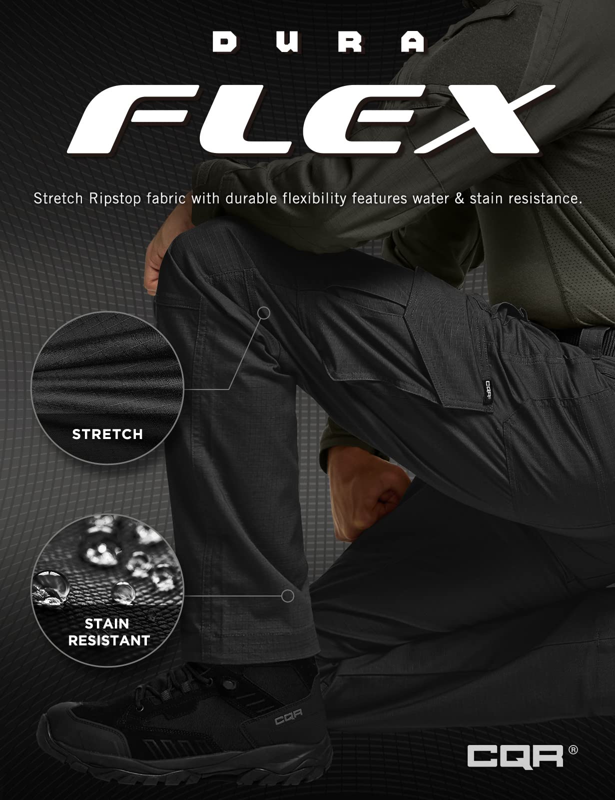 CQR Men's Flex Ripstop Tactical Pants, Water Resistant Stretch Cargo Pants, Lightweight EDC Hiking Work Pants, Dura Flex Mag Pocket Black, 30W x 32L