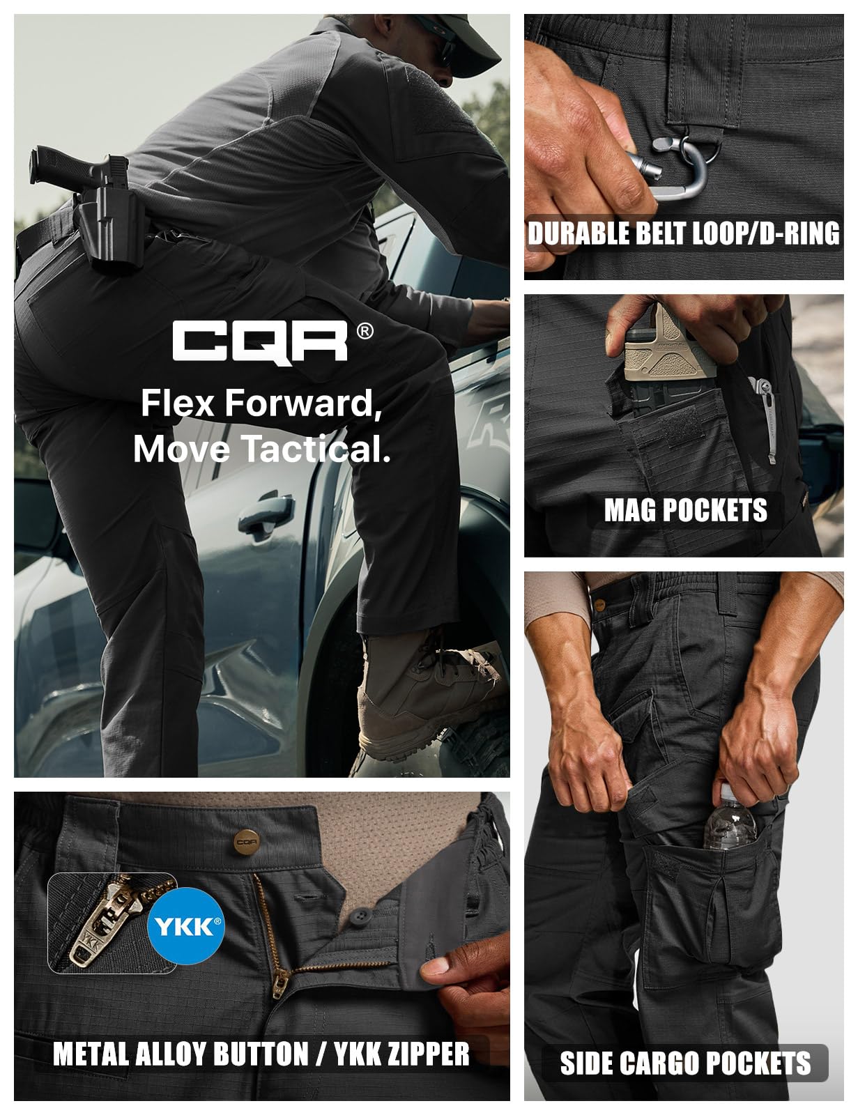 CQR Men's Flex Ripstop Tactical Pants, Water Resistant Stretch Cargo Pants, Lightweight EDC Hiking Work Pants, Dura Flex Mag Pocket Black, 30W x 32L