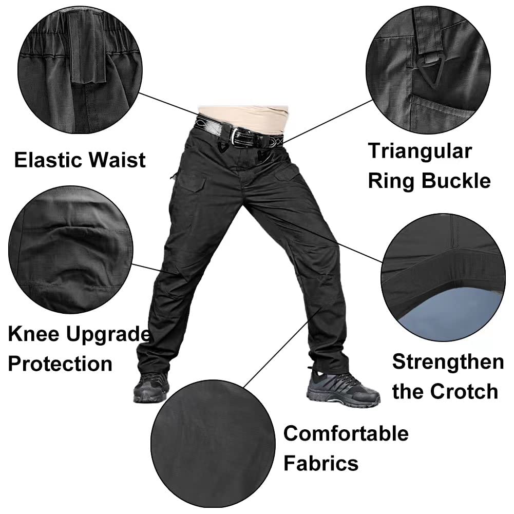 HYCOPROT Men's Tactical Pants Ripstop Water Repellent Lightweight Casual Cargo Pants Quick Dry Military Army 10 Pockets Work Trousers for Hiking, Outdoor, Hunting (34, Black)