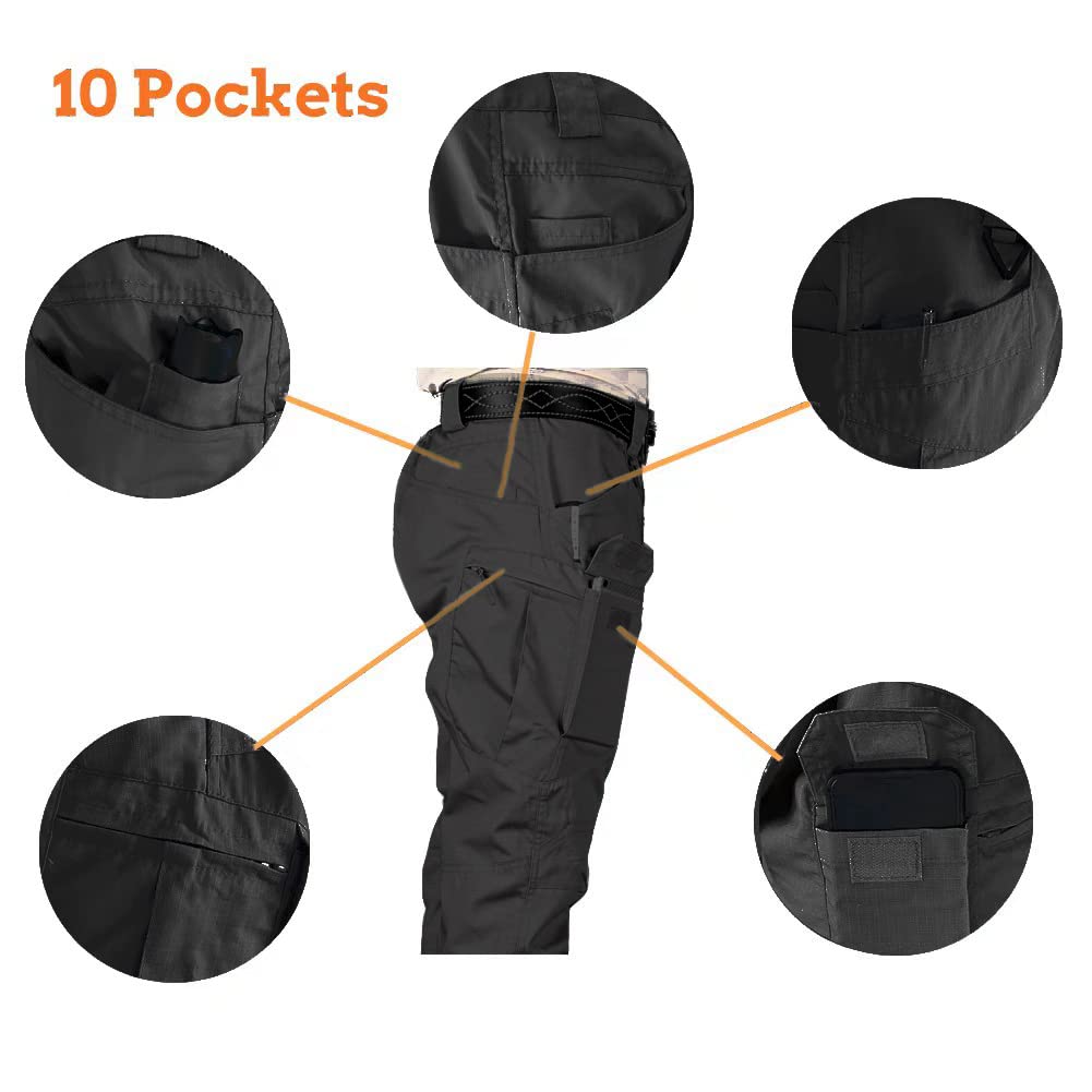 HYCOPROT Men's Tactical Pants Ripstop Water Repellent Lightweight Casual Cargo Pants Quick Dry Military Army 10 Pockets Work Trousers for Hiking, Outdoor, Hunting (34, Black)