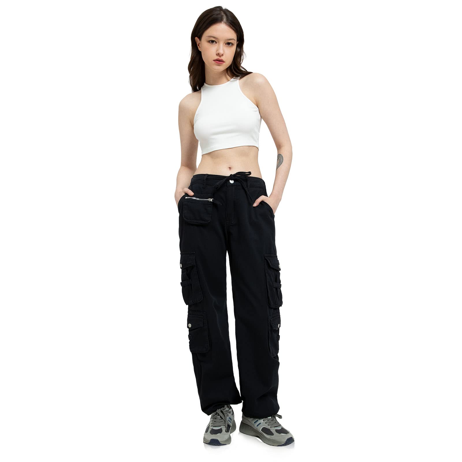 Cargo Pants Women Tactical Baggy Hiking Cargo Pants with 9 Pockets Cotton Military Casual Army Combat Work Pants Black L