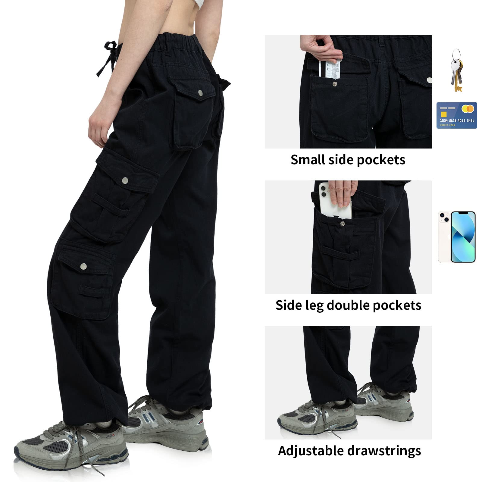 Cargo Pants Women Tactical Baggy Hiking Cargo Pants with 9 Pockets Cotton Military Casual Army Combat Work Pants Black L