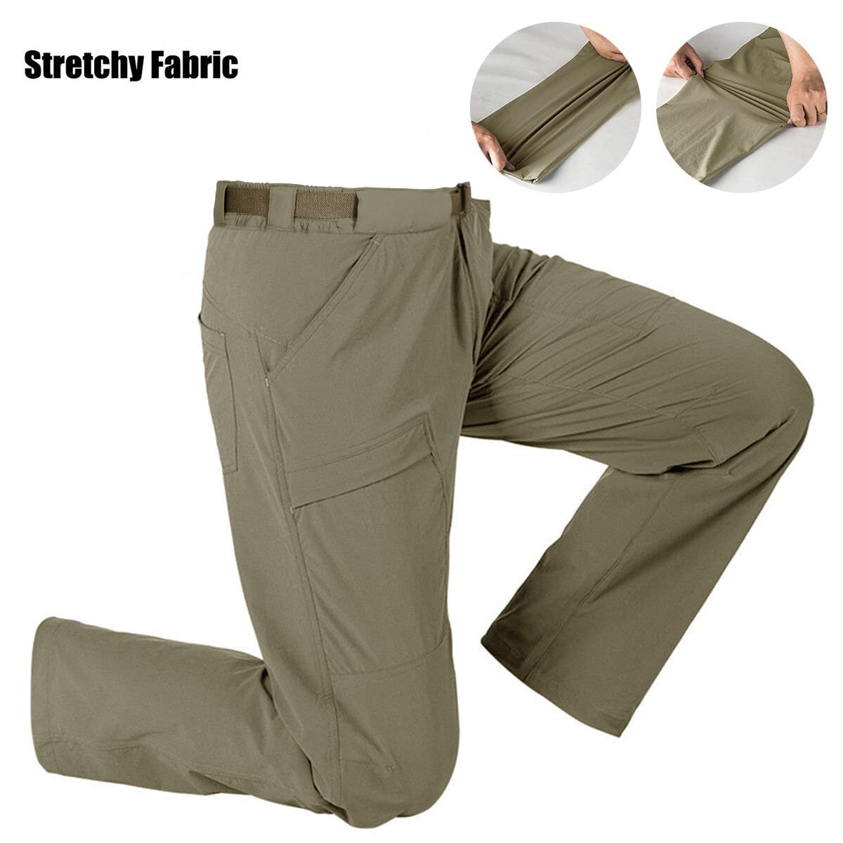 FREE SOLDIER Men's Outdoor Cargo Hiking Pants with Belt Lightweight Waterproof Quick Dry Tactical Pants Nylon Spandex (Mud 34W/30L)