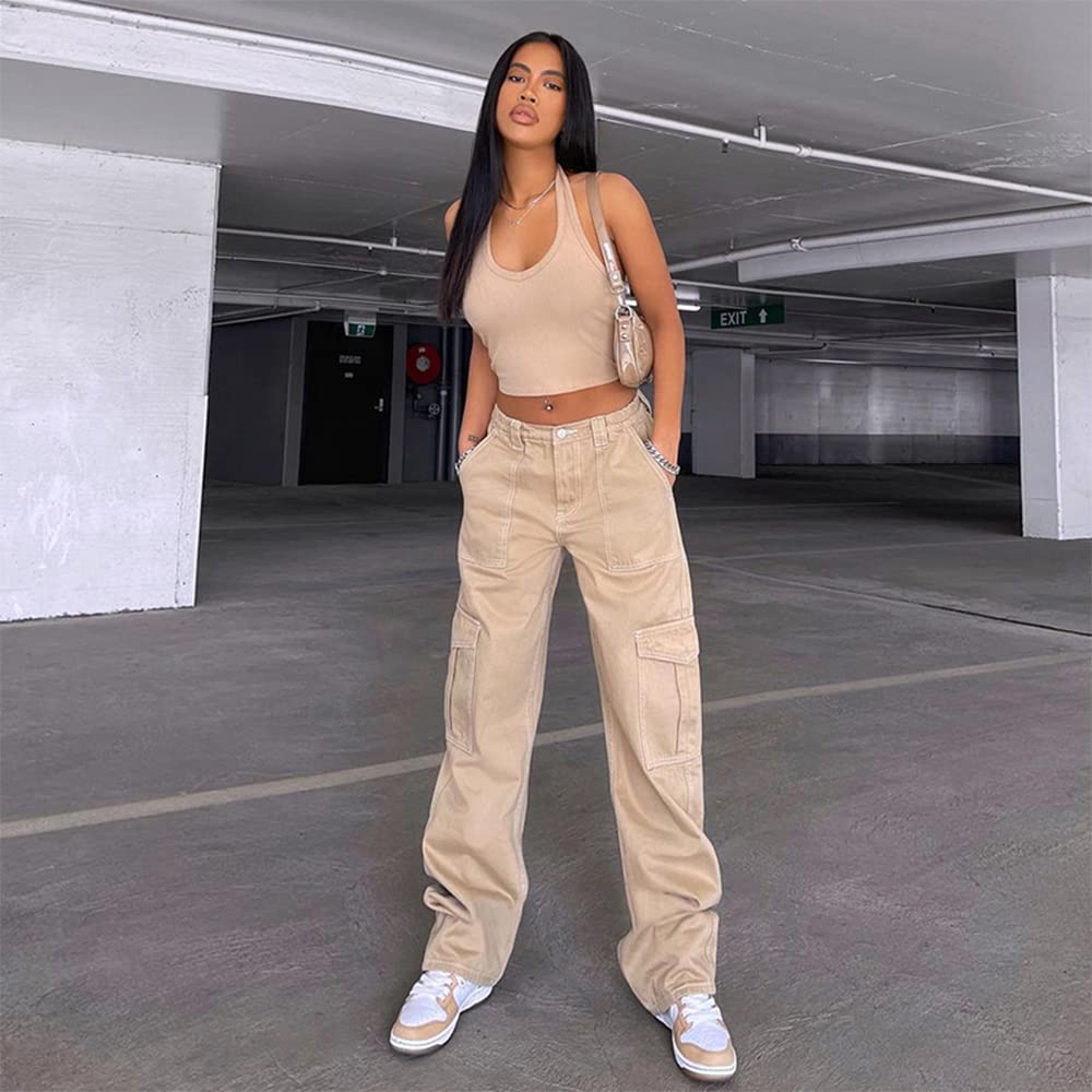 Zucige Women High Waisted Cargo Pants Y2K Baggy Stretchy Wide Leg Loose Fit Combat Military Trouser with Pocket Khaki L