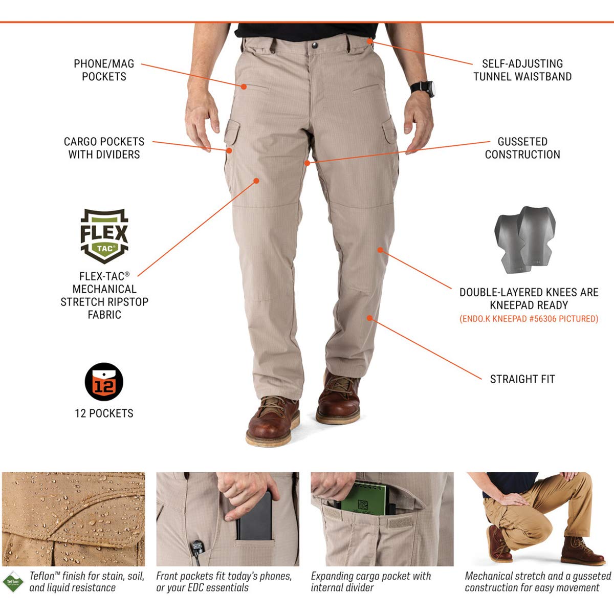 5.11 Tactical Men's Stryke Pants w/Flex-Tac Mechanical Stretch, Style 74369, Tundra, 34x30