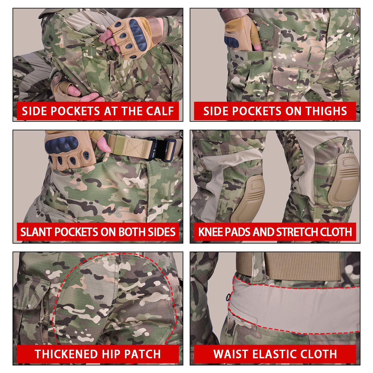 HAN·WILD Combat Pants Tactical Pant with Knee Pads Multicam Rip-Stop Trousers Airsoft Hunting Pants