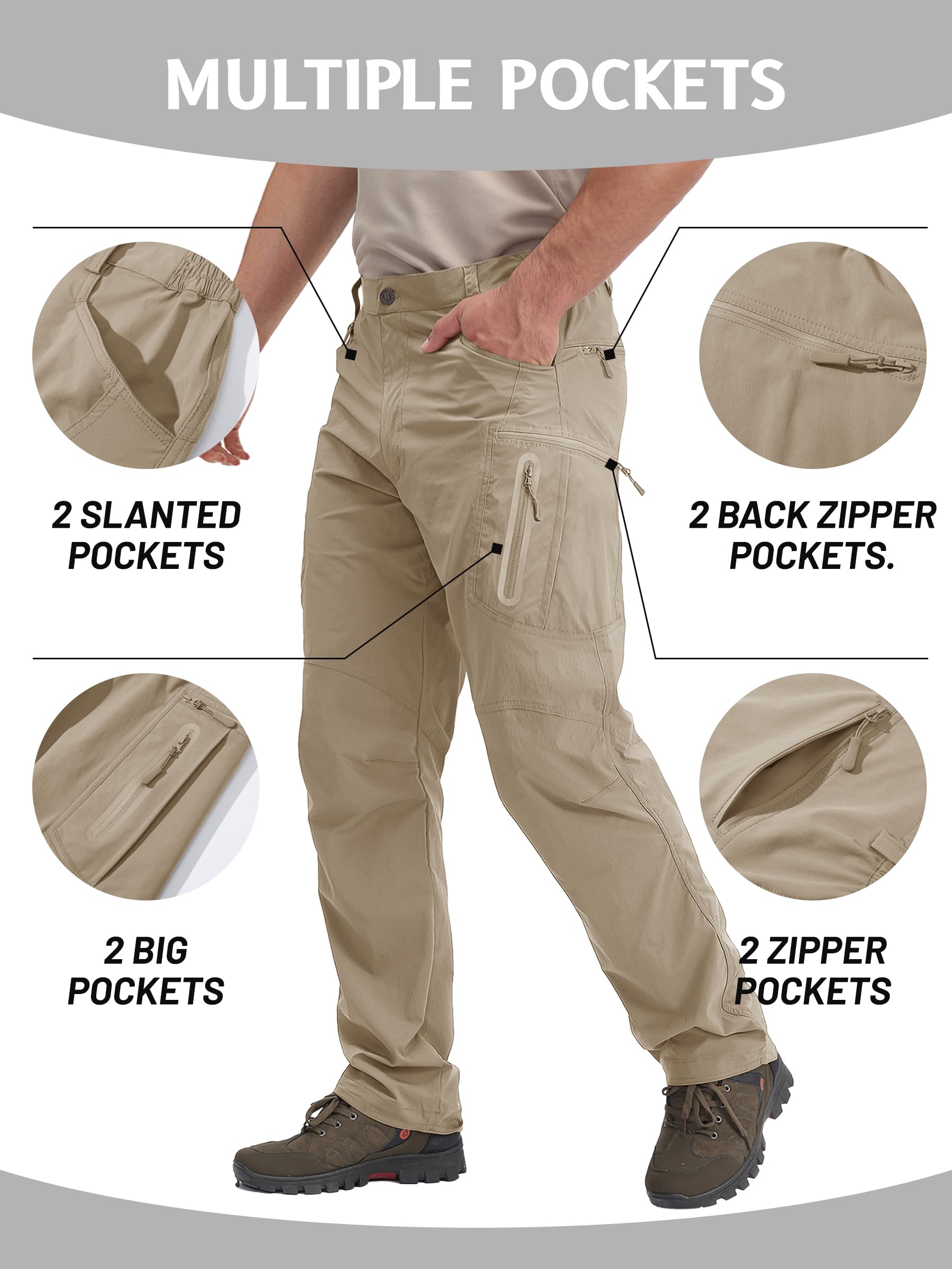 TACVASEN Men's Quick-Dry Pants Water-Resistant 8 Pockets Ripstop Hiking Pants Khaki, 32