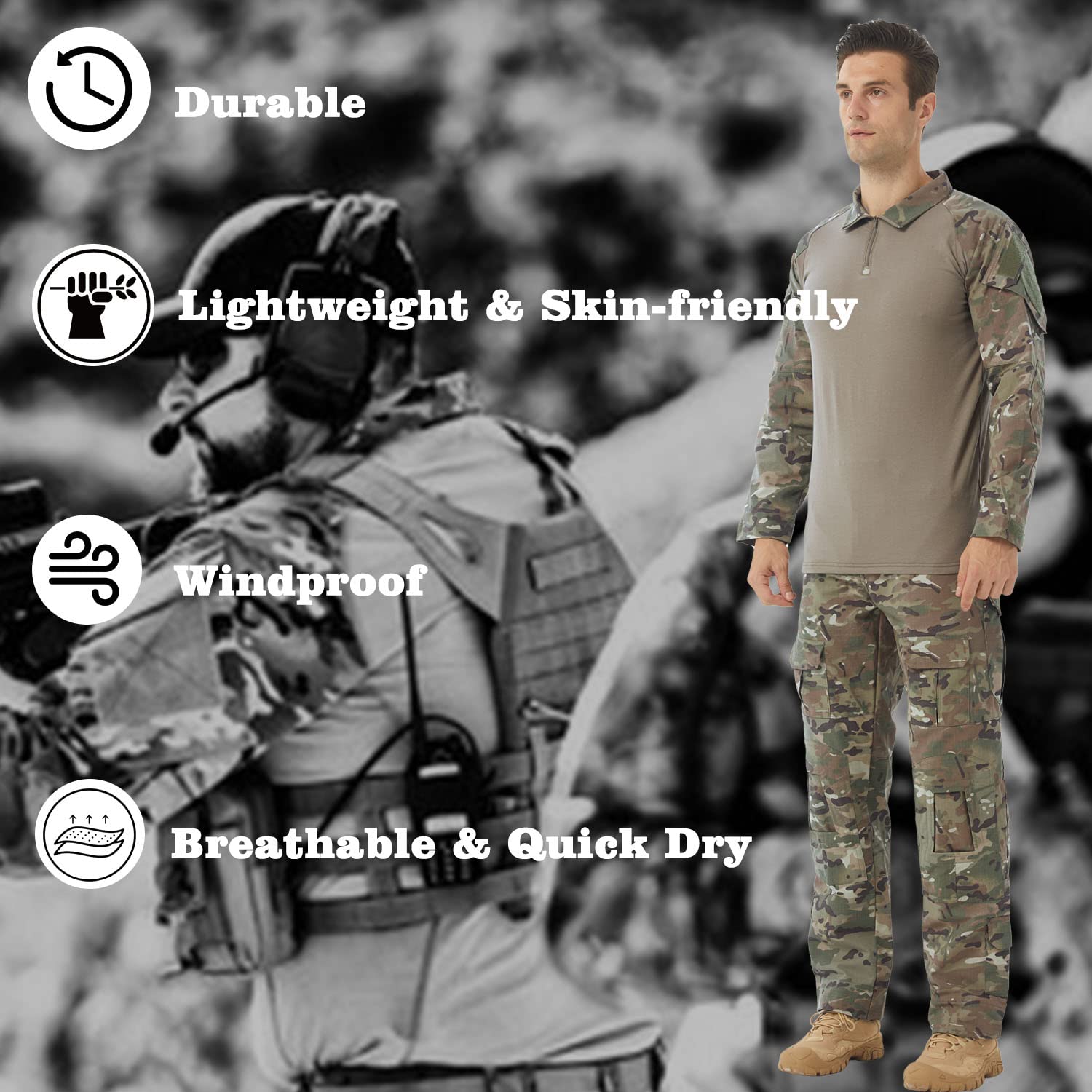 Men's Airsoft Shirt and Pants Military Uniform 1/4 Zip Long Sleeve Tactical Multicam BDU Set Woodland hunting Pants