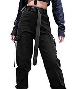 VANGULL Womens High Waisted Cargo Pants Pockets Casual Loose Combat Twill Trousers Girls Black