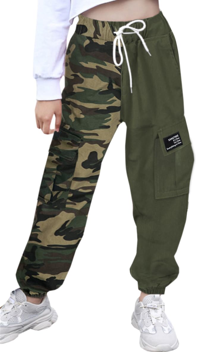 SANGTREE Women's Cargo Pants Elastic Waist Drawstring Tapered Jogger Pants with Pockets for Women,Camo,L