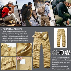 TRGPSG Men's Cargo Pants, Outdoor Tactical Camo Hiking Pants, Multi-Pocket Relaxed Fit Cotton Casual Work Pants 5334 Khaki 36