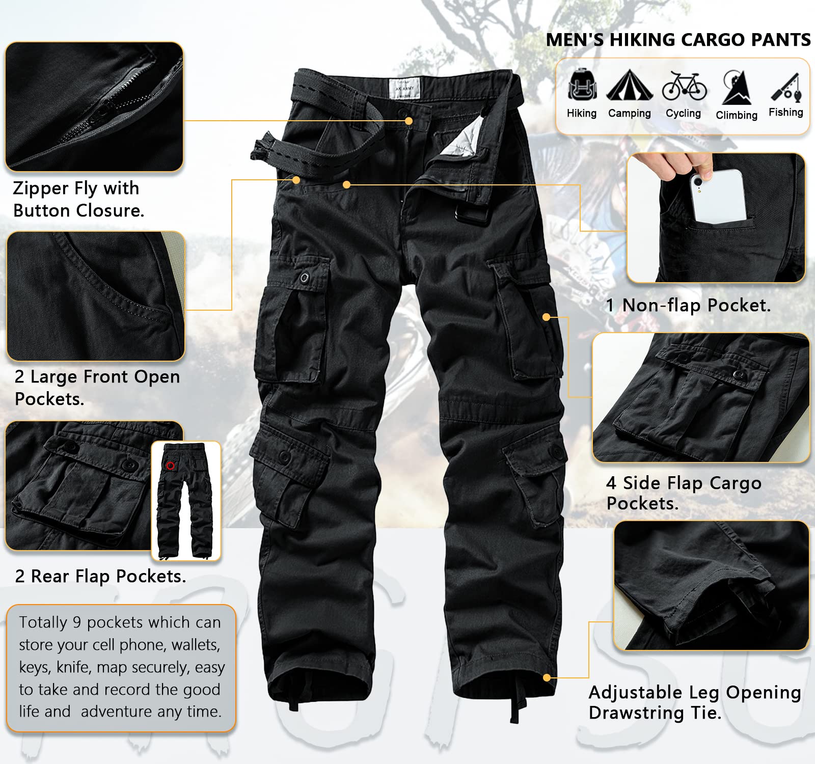 TRGPSG Cargo Pants for Men, Cotton Camo Casual Pants, Relaxed Fit Work Pants with Multi-Pocket 5334 Black 32