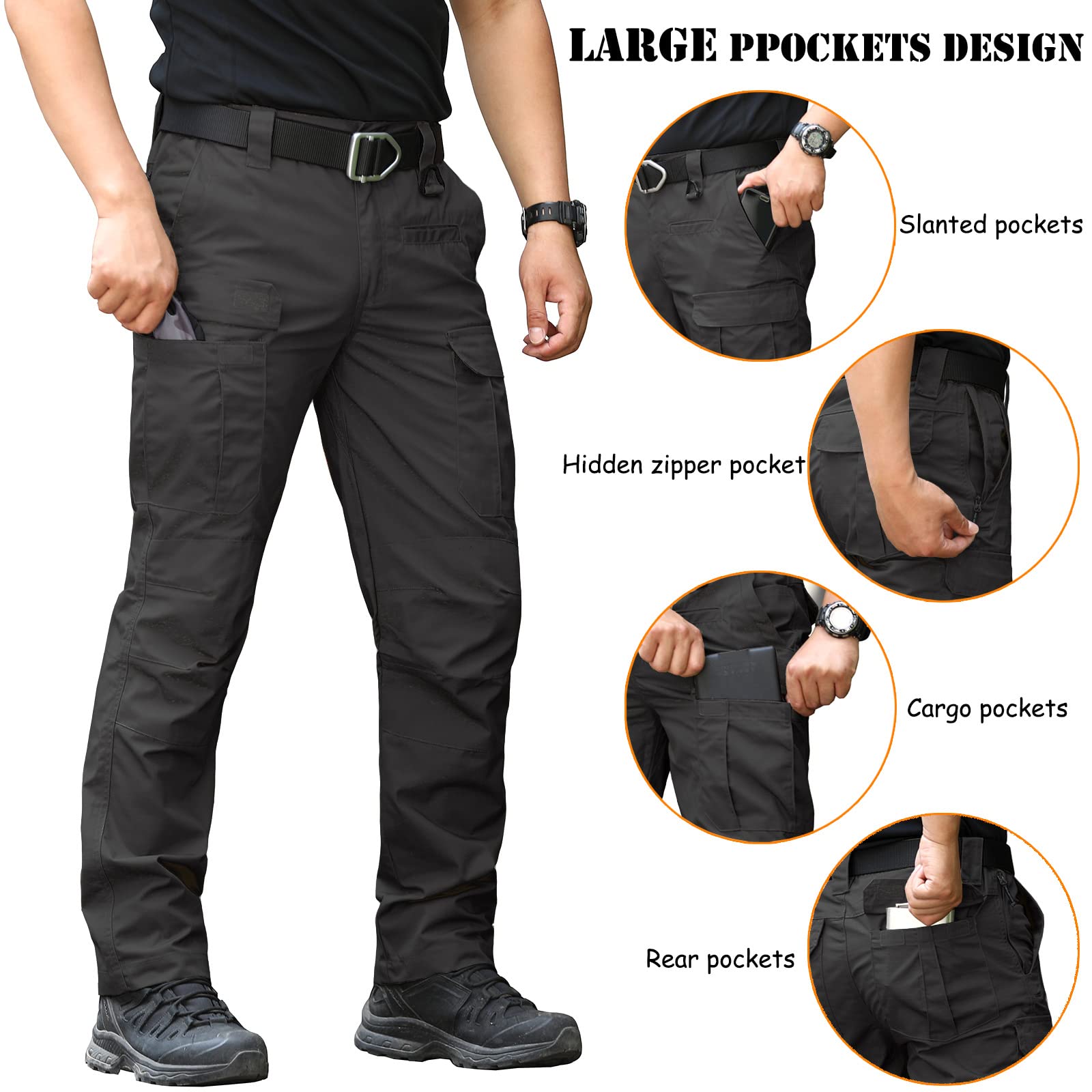 CARWORNIC Men's Ripstop Tactical Pants Waterproof Lightweight Work Pants EDC Army Uniform Combat Military Pants Multi Pocket Relaxed Fit Cargo Pants Casual Outdoor Hiking Trousers Black