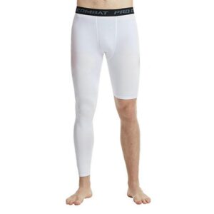 men's basketball single leg tight sports pants 1/2 one leg compression pants athletic base layer underwear (small,white-1)